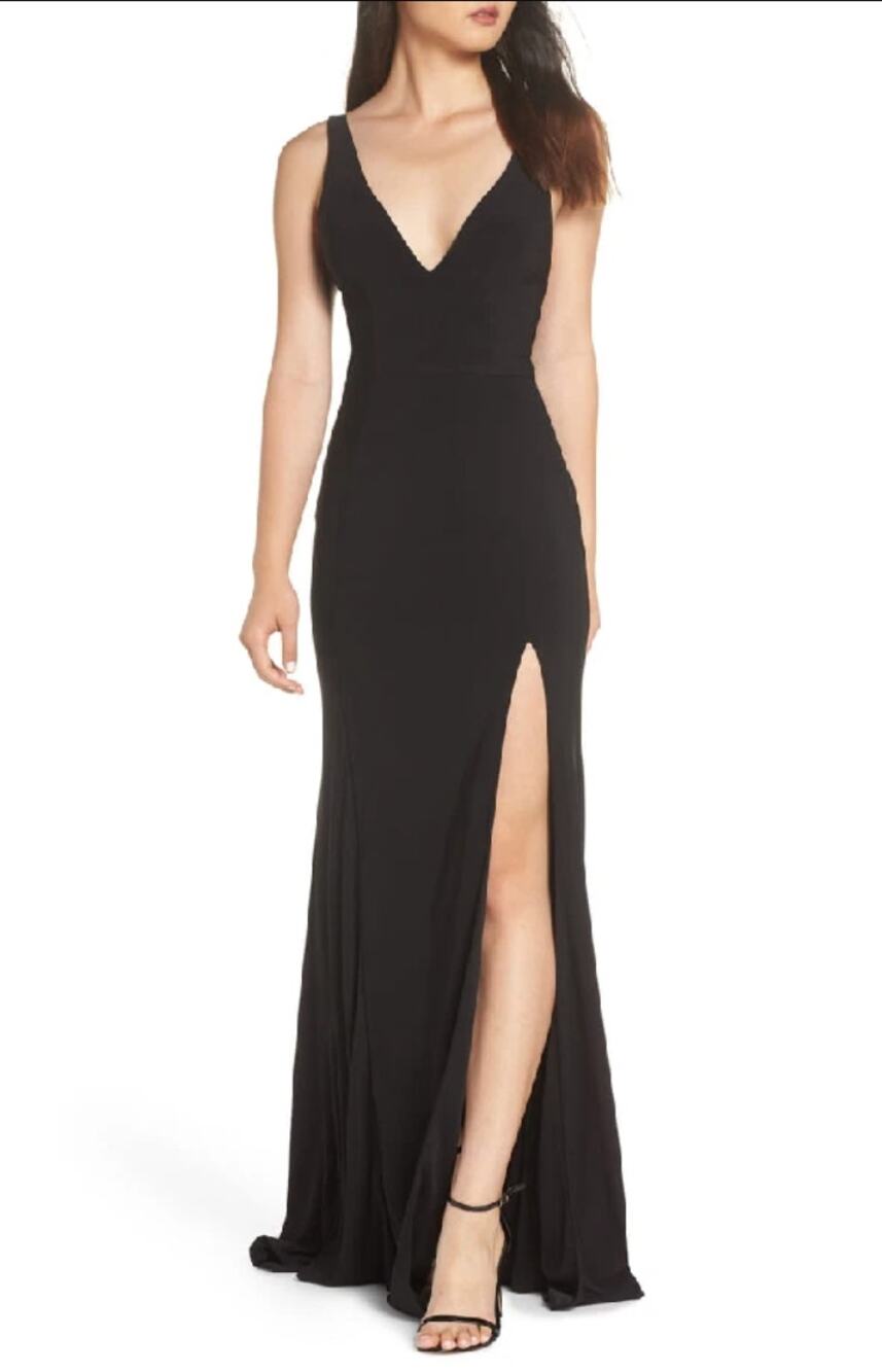 Ieena for Mac Duggal Black Deep V Maxi Gown Thigh Slit Dress Size 2